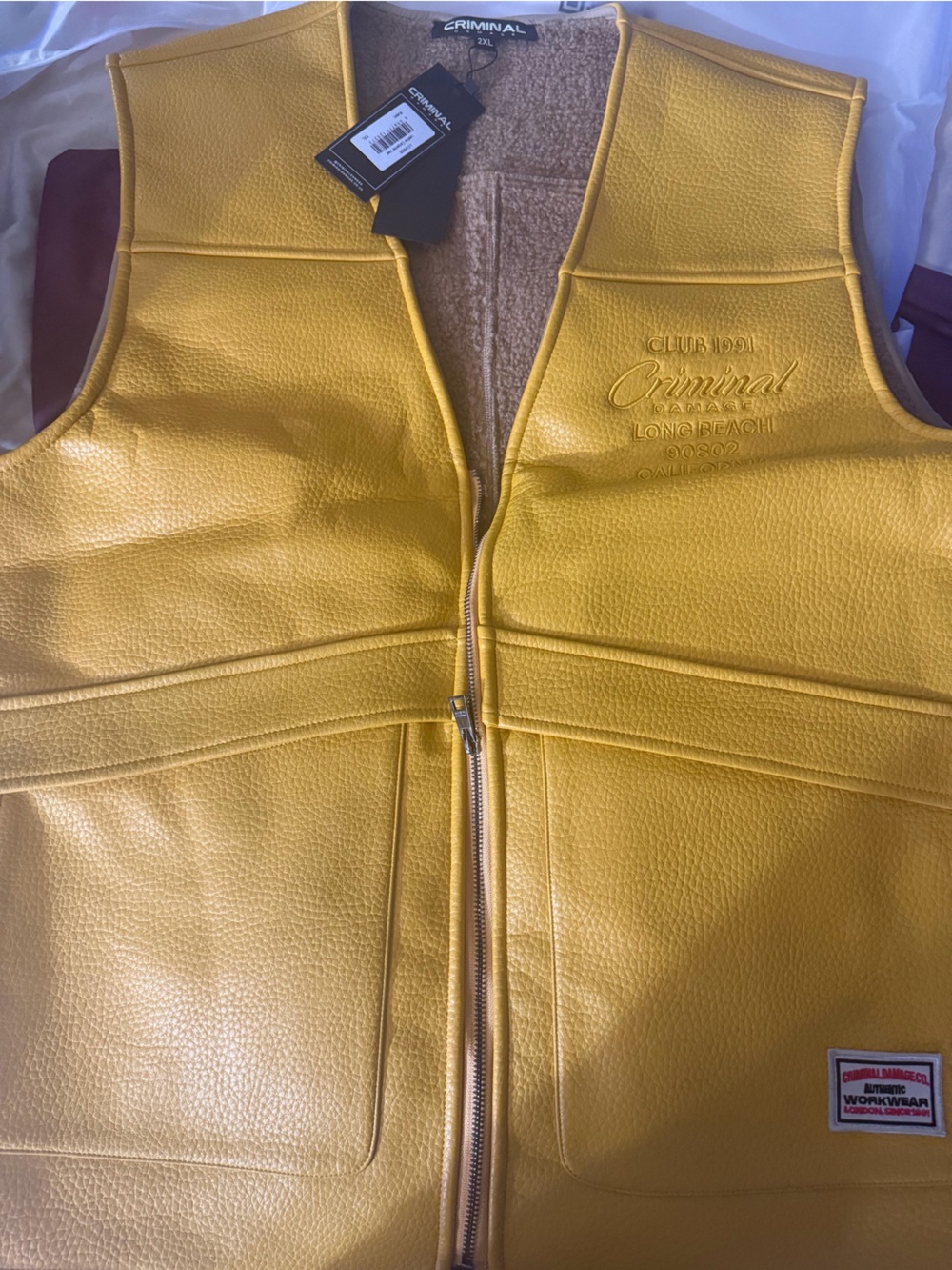 Criminal Damage Leather Vest in Gold - Men's Zip Front